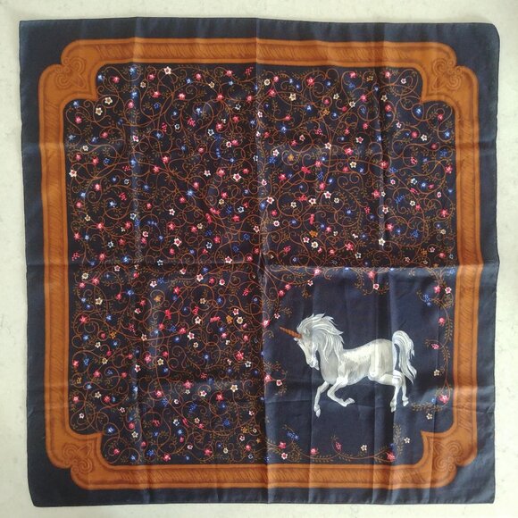 Dark navy blue unicorn floral approx square scarf - Picture 7 of 11